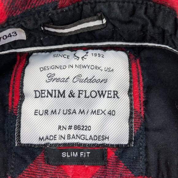 Denim & Flower Lumberjack Shirt Men Medium M Slim Fit Red Black Checkered Polo - Picture 5 of 9